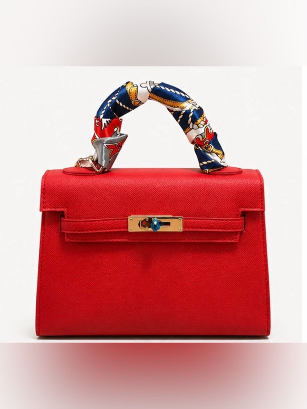 Red Structured Top-Handle Satchel with Twilly-Wrapped Handle